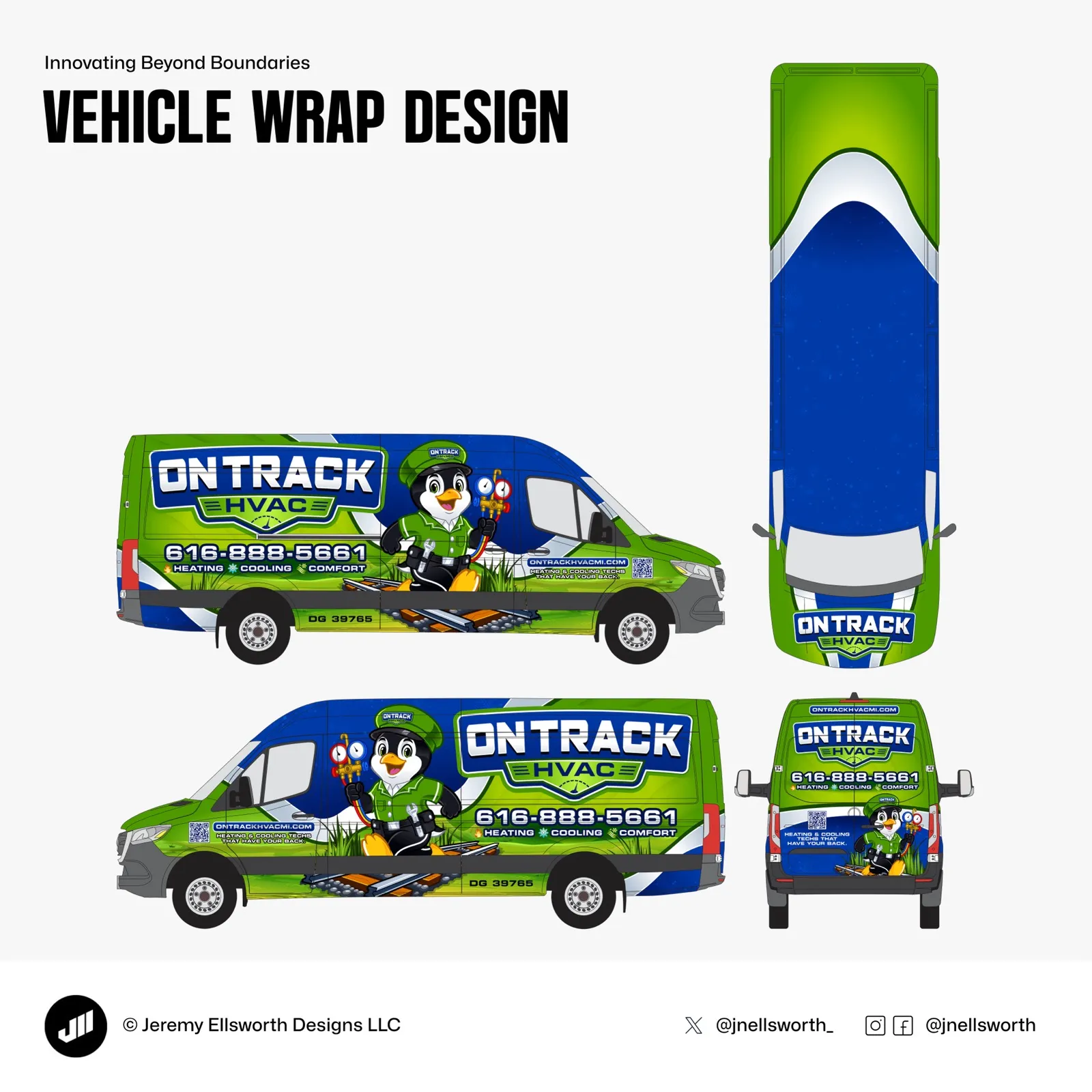 On Track HVAC Sprinter wrap, hand-drawn penguin technician, ON TRACK HVAC, 616-888-5661.