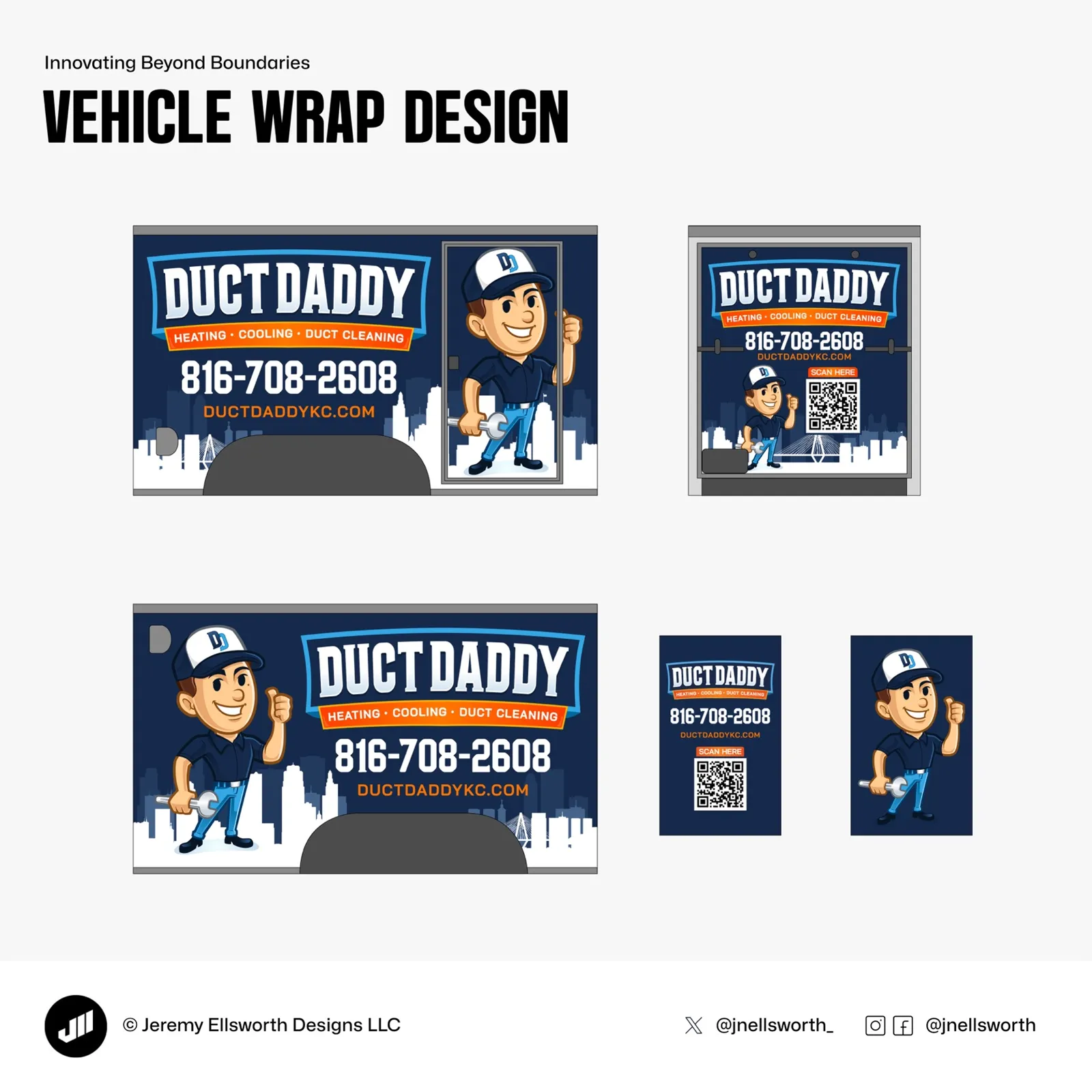 Duct Daddy panel wrap board. Dark blue city skyline with the Duct Daddy mascot, phone and ductdaddykc.com readable.