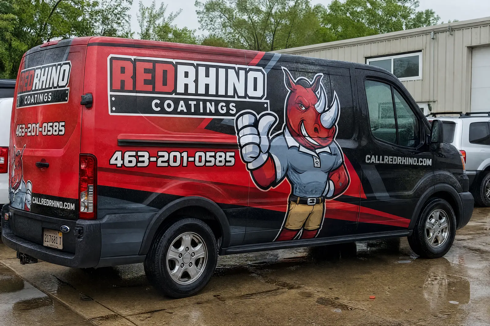 Red Rhino Coatings E-350 van in traffic, red rhino mascot and 463-201-0585 readable on the rear side.